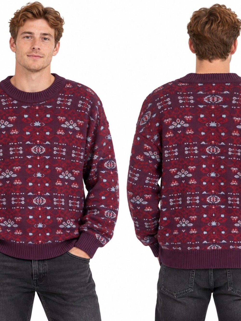 Joff Size 48 Burgundy Patterned Wool Blend Crewneck Sweater Made in Canada XL